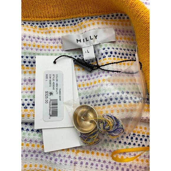 Milly Striped Yellow Tweed Pull-on Elastic Waist Mini Skirt Button Accents L NWT - Picture 8 of 9